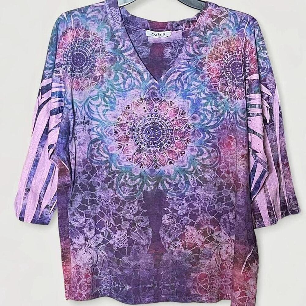 Only 9 Purple Magenta Pink Y2K V-Neck 3/4 Length Sleeve Top - Size 18/20